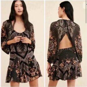 Free People Seven Wonders Black and Brown Patterned Mini Dress Size Medium NWT